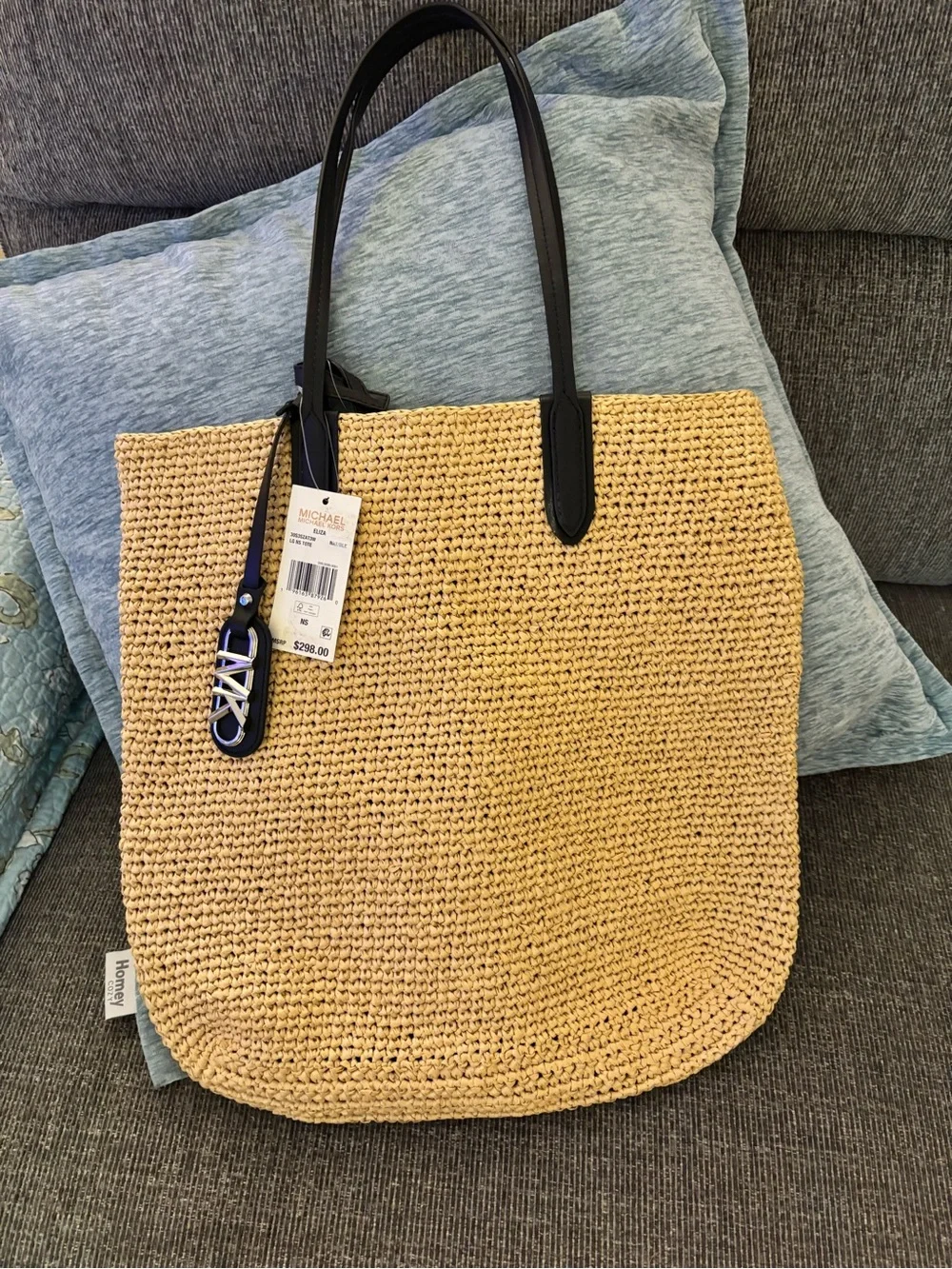 Michael Kors Eliza North/South Natural Woven Tote with Black Leather Pouch NWT